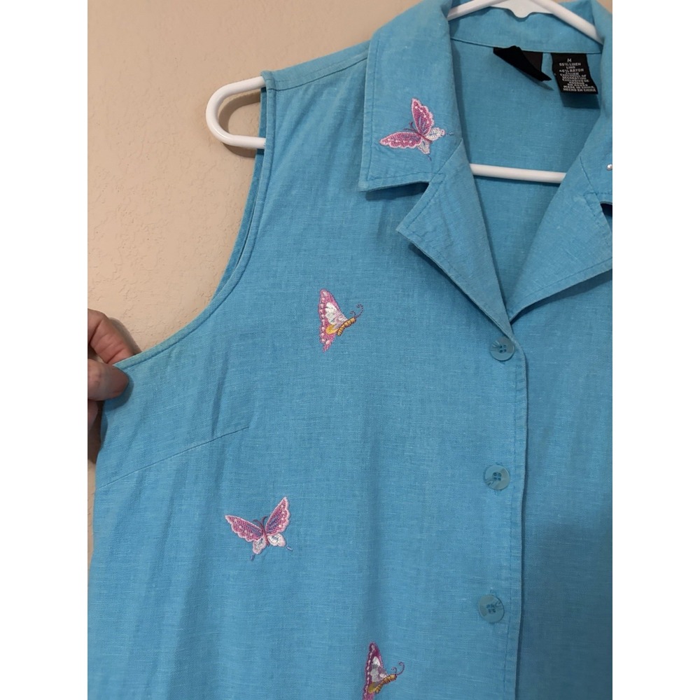 Vintage Erika Linen Blend Embroidered Butterfly Midi Shirtdress Blue Aqua 90s - Picture 2 of 11